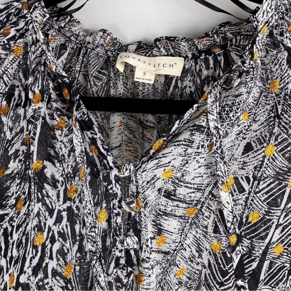 Love stitch long sleeve bohemian boho peasant blouse gold metallic print Sz S - Picture 13 of 15
